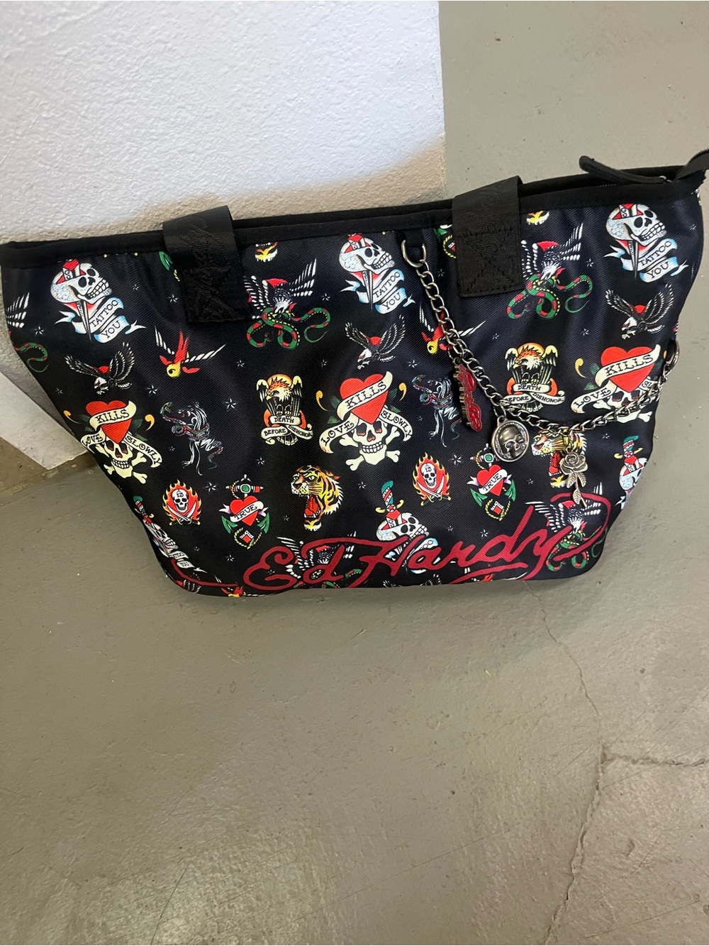 Ed Hardy Black Tote with Colorful Tattoo Motifs and Chain Charm